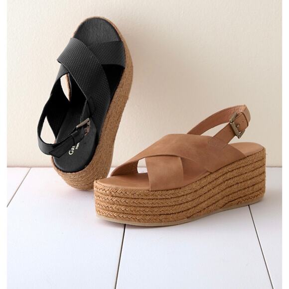Garnet Hill Black Audrey Platform Espadrilles - Leather - size 39/8 - W4 - Picture 1 of 12